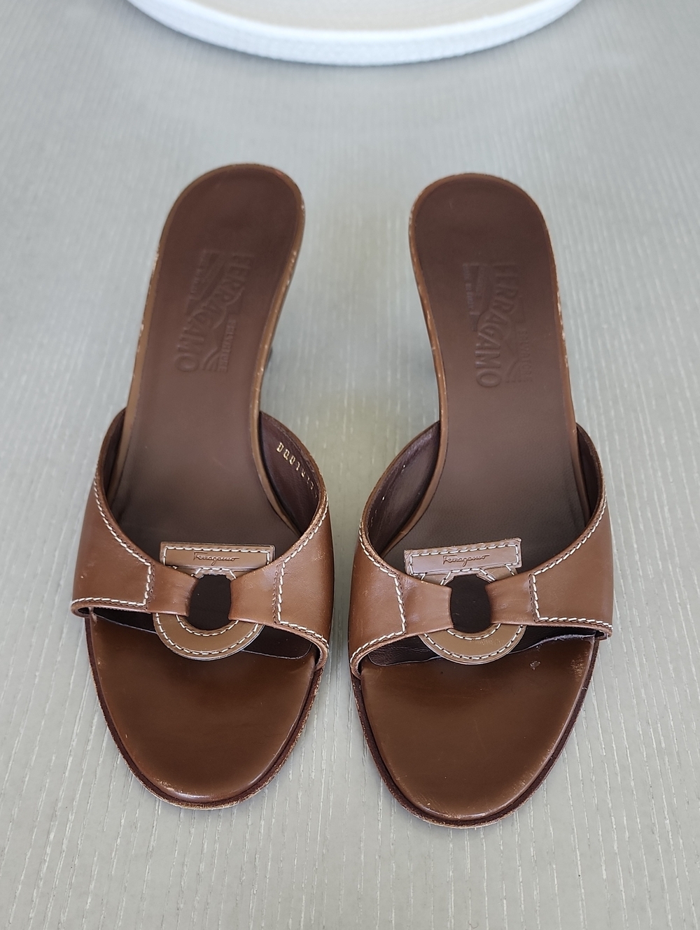Salvatore Ferragamo Brown Leather Slide Mules with Gancini CutOut Ring